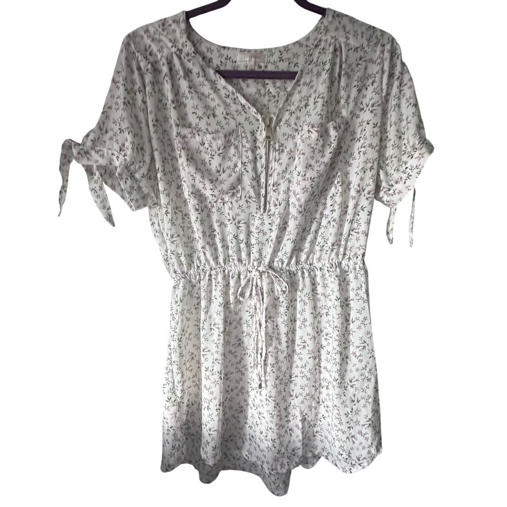 Floral Print Mini Dress Stella Tweed Tie Sleeve Drawstring Waist Summer White